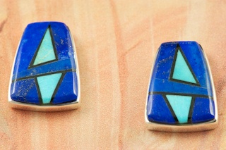 Genuine Blue Lapis, Sleeping Beauty Turquoise and Black Jade inlaid in Sterling Silver. Stunning Post Earrings Designed by Navajo Artist Calvin Begay. Signed.